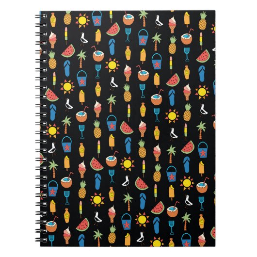 夏のアイコンのシームレスなヴィンテージパターン黒。反発する ノートブック (正面)