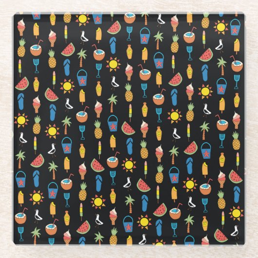 夏のアイコン黒のシームレスな背景 ガラスコースター (正面)