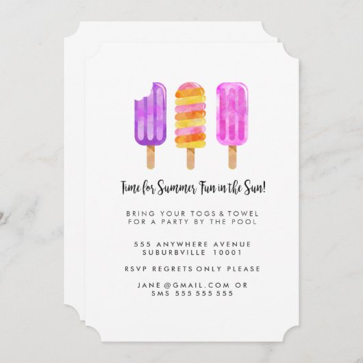 夏のアイスキャンデーのアイスクリームのプールを囲んでのパーティの招待 招待状 (正面/裏面)