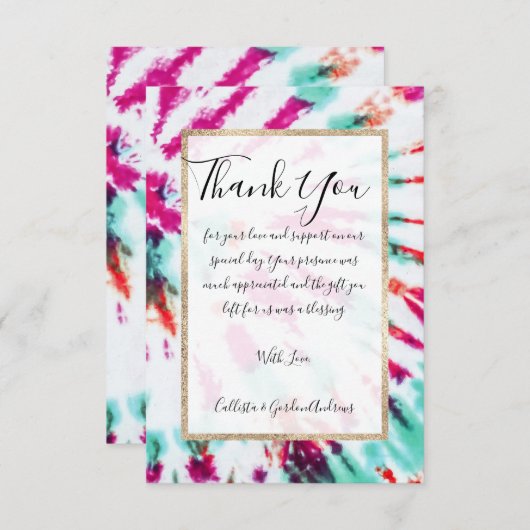夏のアートネオンガーリーティール(緑がかった色)ピンク絞り染めパターン サンキューカード (正面/裏面)