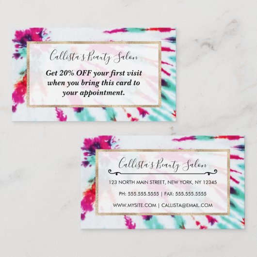 夏のアートネオンガーリーティール（緑がかった色）ピンク絞り染めパターン 割引カード (正面/裏面)