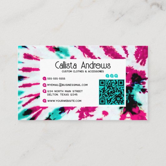 夏のアートネオンガーリーティール(緑がかった色)ピンク絞り染めパターン 名刺 (裏面)