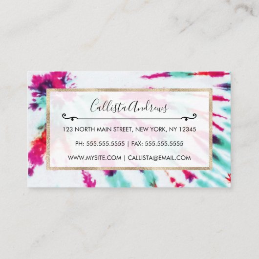 夏のアートネオンガーリーティール(緑がかった色)ピンク絞り染めパターン 名刺 (裏面)