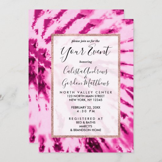 夏のアートネオンガーリー赤面ピンク絞り染めパターン 招待状 (正面/裏面)
