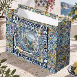 夏のイタリアンフローラルブルータイルシトラスモノグラム ラージペーパーバッグ