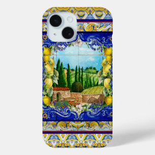 夏のイタリアンマジョリカブルーのタイル柑橘園 iPhone 15ケース