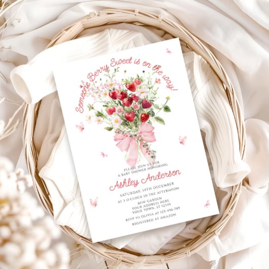 夏のイチゴのピンクの弓ベビーシャワー 招待状