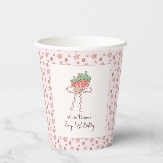 夏のイチゴのピンクリボン 紙コップ (正面)