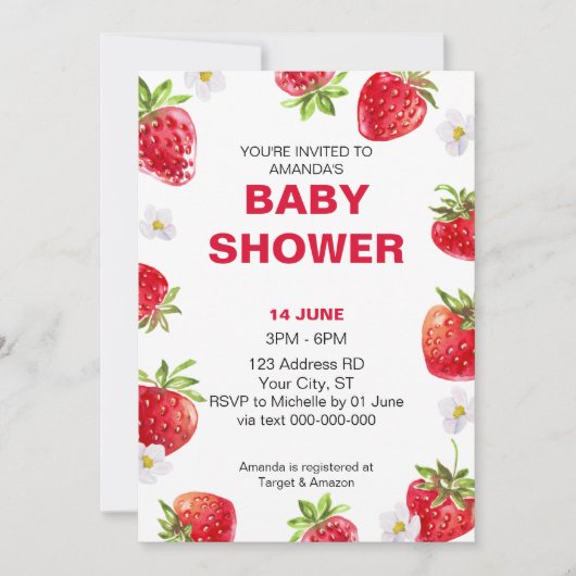 夏のイチゴのフルーツかわいい赤ちゃんシャワー 招待状 (正面)