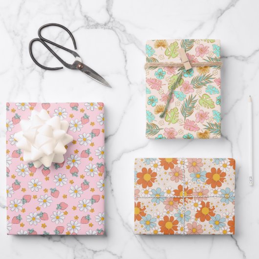 夏のイチゴの花の熱帯離れの ラッピングペーパーシート (正面)