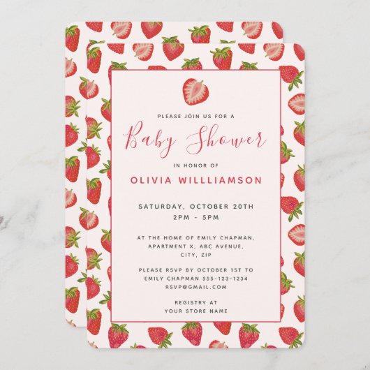 夏のイチゴの赤ちゃんシャワー 招待状 (正面/裏面)
