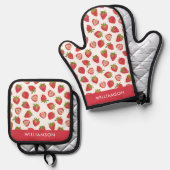 夏のイチゴ柄 鍋つかみ&鍋敷きセット (正面/裏面)