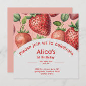 夏のイチゴ1回目の誕生日の招待状 招待状 (正面/裏面)