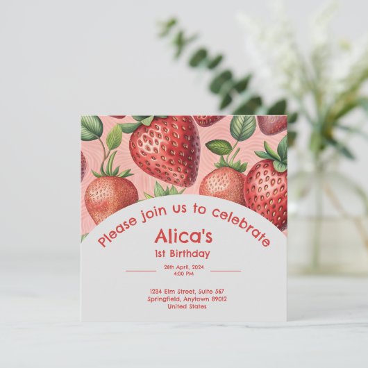 夏のイチゴ1回目の誕生日の招待状 招待状 (スタンド正面)