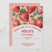 夏のイチゴ1回目の誕生日の招待状 招待状 (正面/裏面)