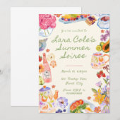 夏のイブニングパーティー招待状 手描きの食べ物と飲み物 お茶 招待状 (正面/裏面)