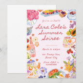 夏のイブニングパーティー招待状 手描きの食べ物と飲み物 お茶 招待状 (正面/裏面)