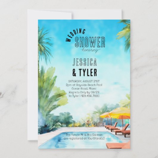 夏のウェディングシャワーウォーターカラートロピカルプール 招待状 (正面)