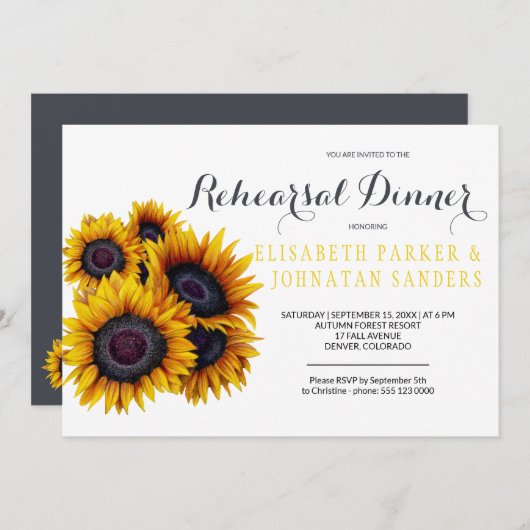 夏のエレガントな黄色のひまわり リハーサルディナー 招待状 (正面/裏面)