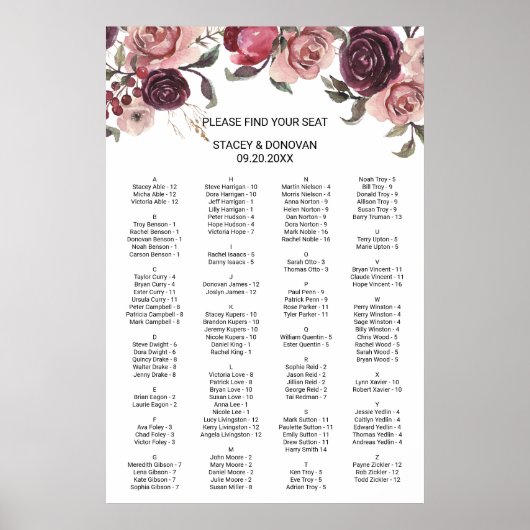 夏のエレガントアルファベットのバーガンディ座席表 ポスター (正面)