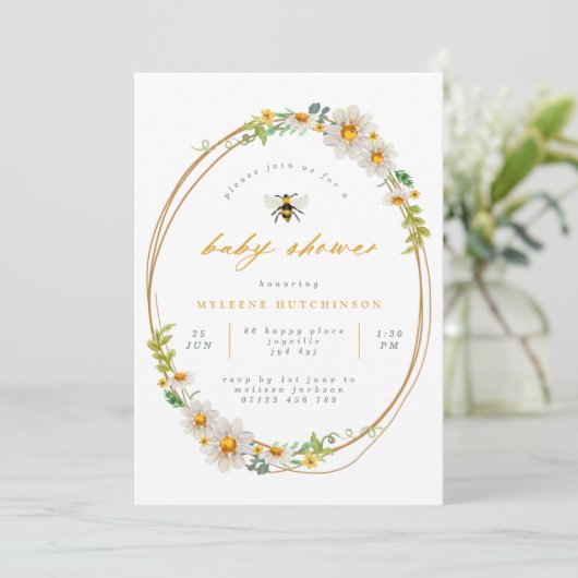 夏のエレガントデイジーと蜂の赤ちゃんシャワー 招待状 (スタンド正面)