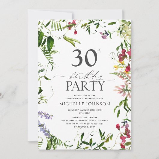 夏のエレガント野草水彩30歳の誕生日 招待状 (正面)