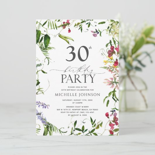 夏のエレガント野草水彩30歳の誕生日 招待状 (スタンド正面)
