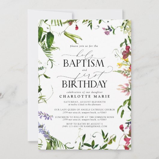 夏のエレガント野草洗礼1回目の誕生日 招待状 (正面)