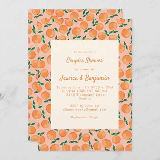 夏のオレンジ果実水色ピンクのカップルのシャワー 招待状 (正面/裏面)