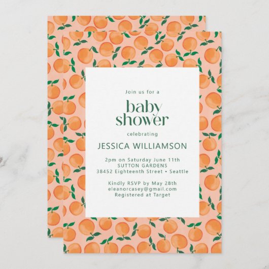 夏のオレンジ果実水色ピンクの赤ちゃんシャワー 招待状 (正面/裏面)