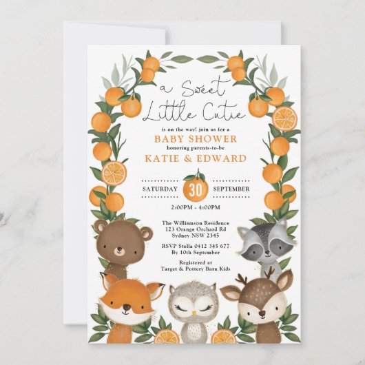 夏のオレンジ色の森の動物が中立のベビーシャワー 招待状 (正面)