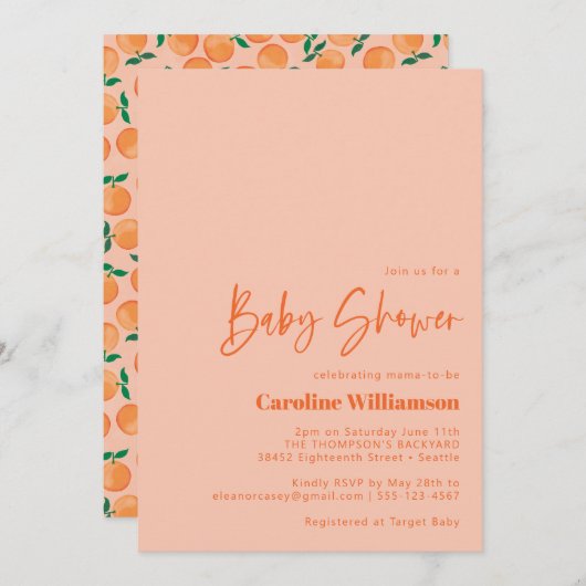 夏のオレンジ 果物 水彩 ピンク ベビーシャワー 招待状 (正面/裏面)