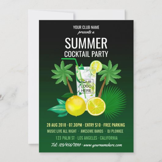 夏のカクテルクラブ/企業のパーティー追加ロゴ 招待状 (正面)