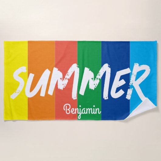 夏のカラフルなオーダーメイド 名前 ストライプ ビーチタオル (正面)