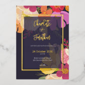 夏のカラフルフローラ庭園の結婚式金ゴールド 箔招待状 (正面)