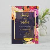 夏のカラフルフローラ庭園の結婚式金ゴールド 箔招待状 (立ち正面)