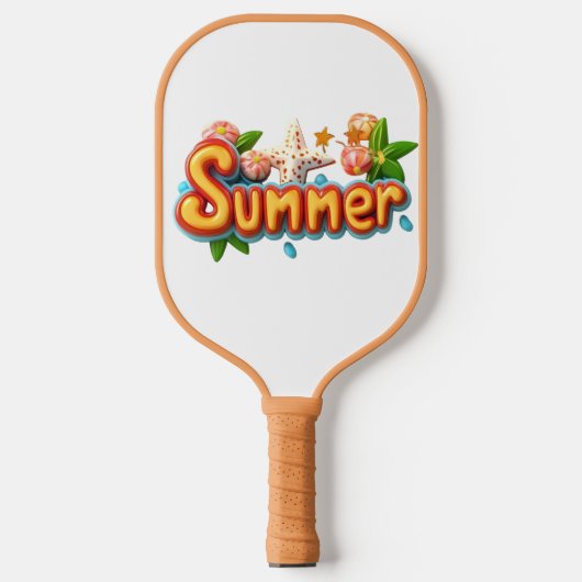 夏のカラフル文字とビーチ ピックルボールラケット (正面)