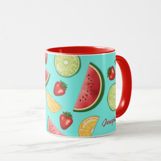 夏のカラフル果実を青に名前をカスタムする マグカップ (正面右)