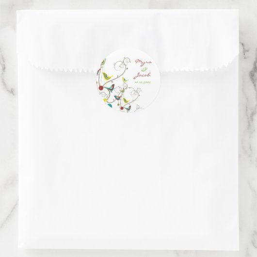 夏のカラフル鳥がシックなステッ結婚カーを渦巻く ラウンドシール (バッグ)