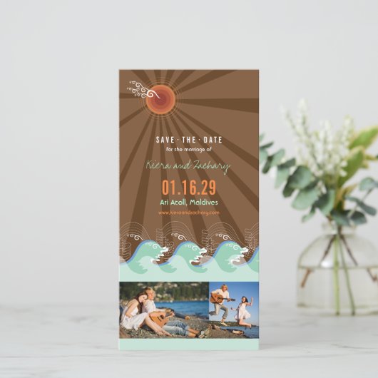 夏のクールアクアウェーブズと茶色の太陽のビーチ写真 セーブザデート (スタンド正面)