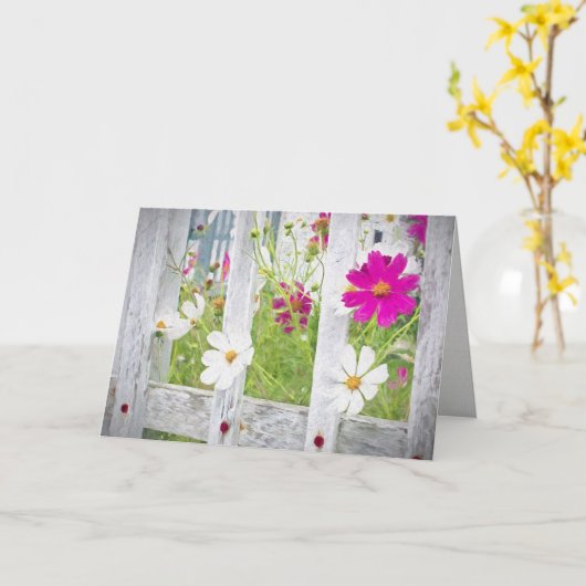 夏のコスモスの花のフェンス カード (黄色い花)