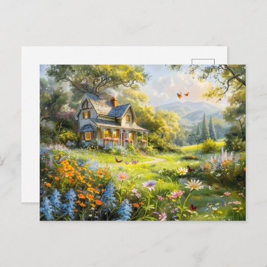夏のコテージとワイルドフラワーメドウ ポストカード (正面/裏面)
