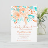 夏のサンゴティール（緑がかった色）フローラ水の色ベビーシャワー 招待状 (スタンド正面)
