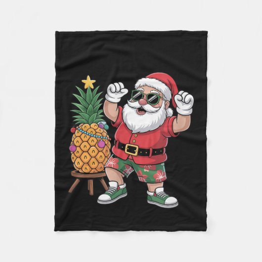 夏のサンタとパイナップルのクリスマスツリー フリースブランケット (正面)