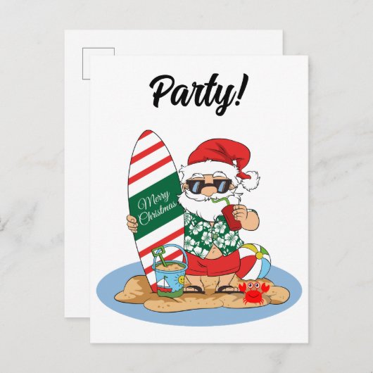 夏のサーフビーチでの愉快なクリスマスサンタ インビテーションポストカード (正面/裏面)