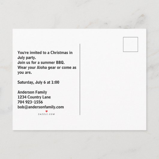 夏のサーフビーチでの愉快なクリスマスサンタ インビテーションポストカード (裏面)