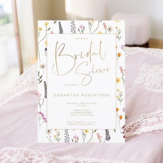 夏のシックな野生の花金ゴールドスクリプトブライダルシャワー 招待状