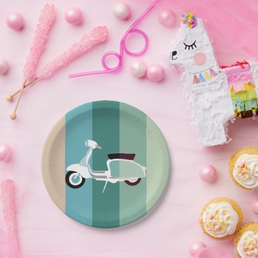 夏のストライプのなレトロのスクーターのパーティーの紙皿 ペーパープレート (パーティー)
