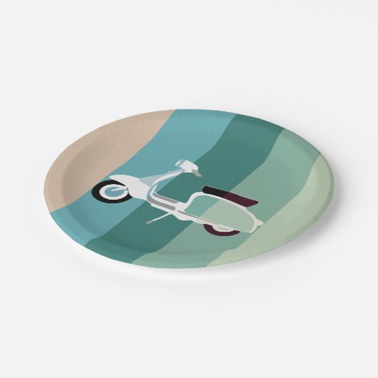 夏のストライプのなレトロのスクーターのパーティーの紙皿 ペーパープレート (アングル)