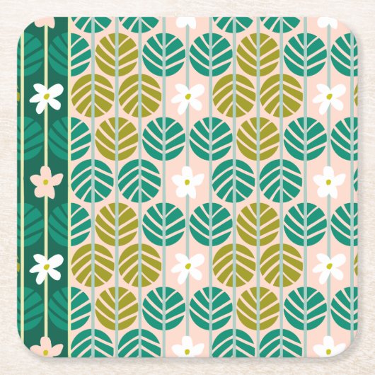 夏のストライプフローラレトロコースター緑/ピンク スクエアペーパーコースター (正面)